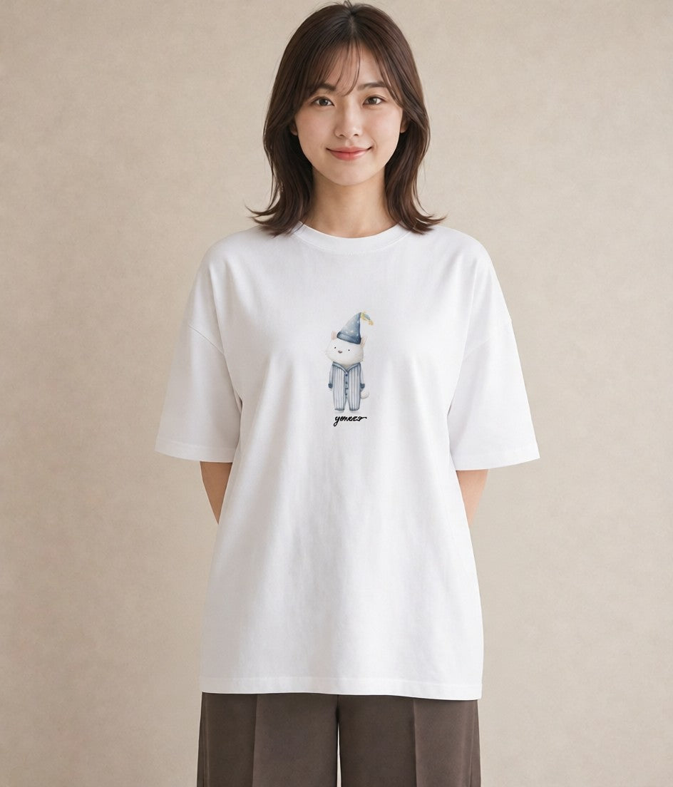 半袖Tシャツ レディース しっぽ 猫 ねこ イラスト きれいめカジュアル 夏コーデ 通学 白T YMAZO