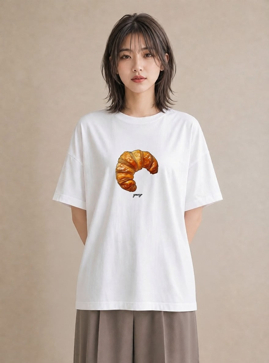 デザインTシャツ レディース クロワッサン 食べ物 フード イラスト 線画 ギフト 母の日 白T YMAZO
