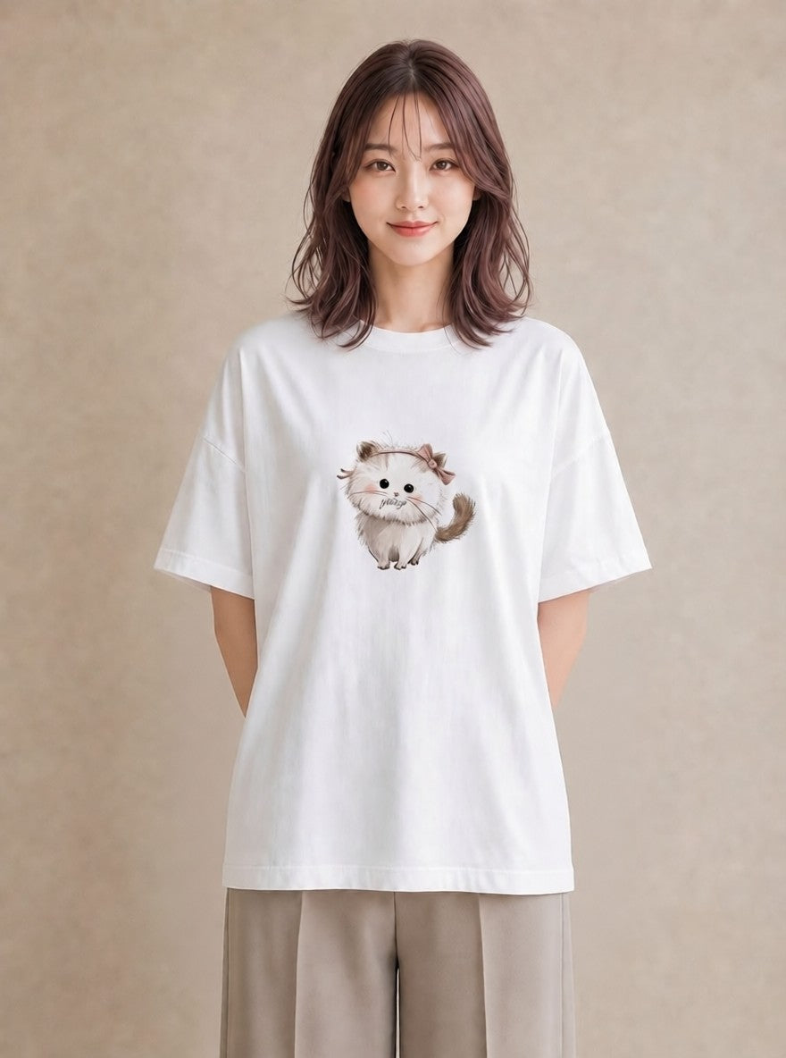 Tシャツ レディース マンチカン 猫 ねこ イラスト お洒落 休日 ペアコーデ 白T YMAZO