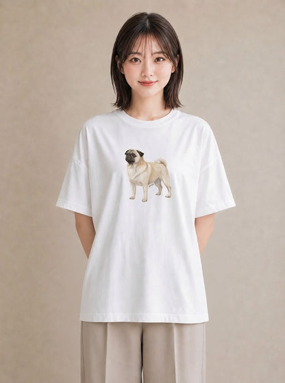 グラフィックTシャツ レディース パグ 犬 いぬ イラスト 旅行コーデ 春服 ミセス 白T YMAZO