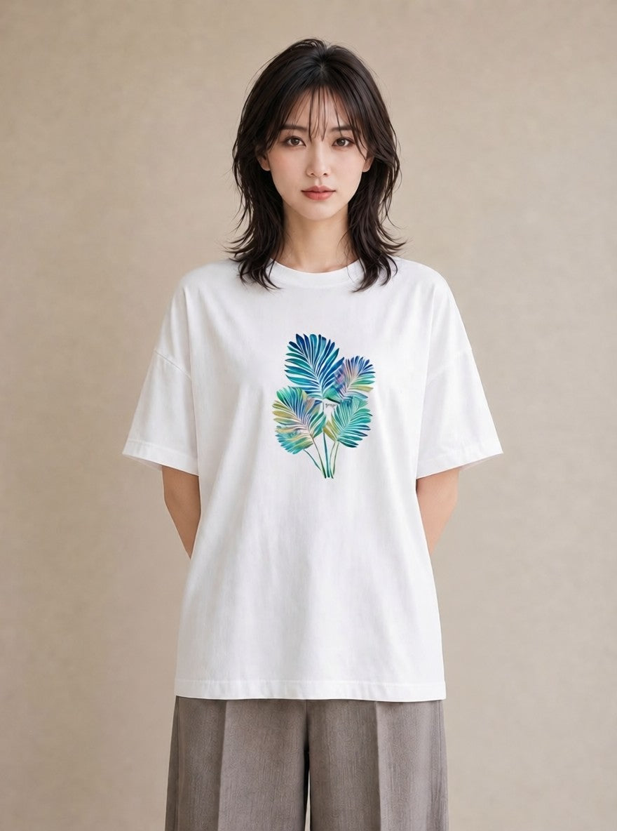 Tシャツ レディース モンステラ 植物 ボタニカル イラスト 韓国風 綿100 デート 白T YMAZO