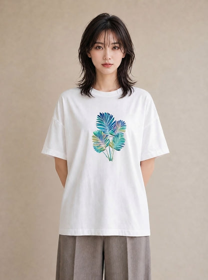 Tシャツ レディース モンステラ 植物 ボタニカル イラスト 韓国風 綿100 デート 白T YMAZO