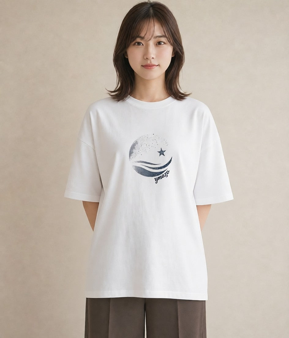 グラフィックTシャツ レディース 月と星 星空 ムーン イラスト 淡色 散歩 お出かけ 白T YMAZO