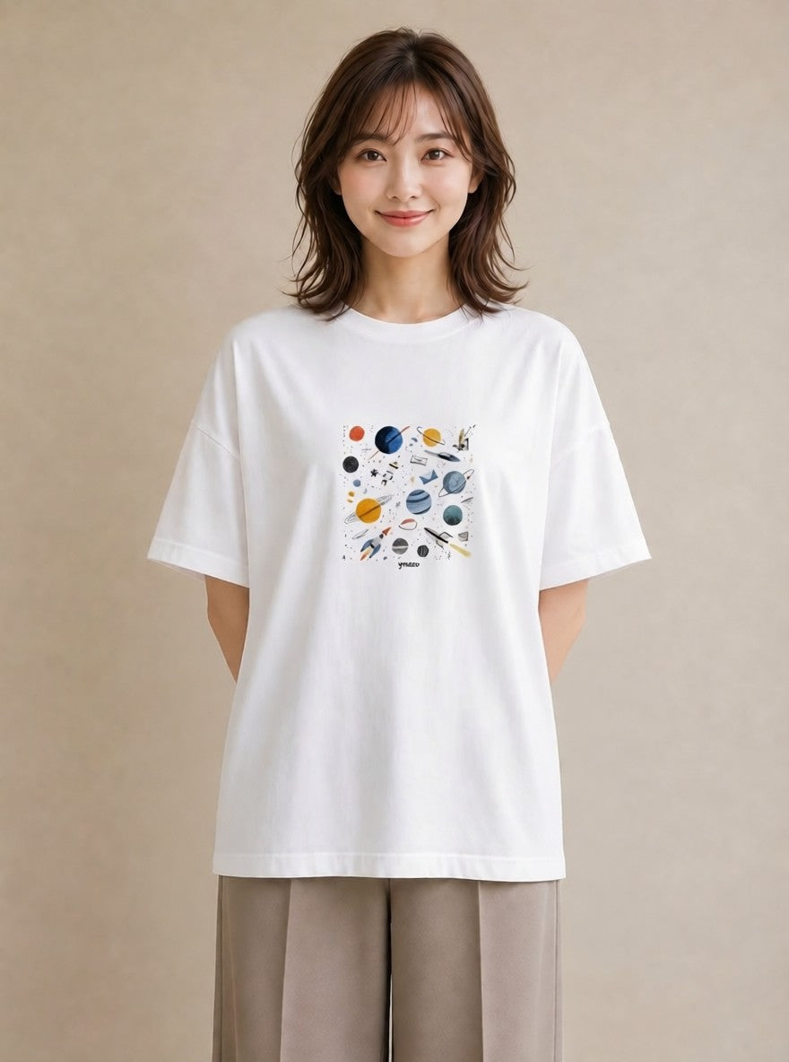 プリントTシャツ レディース 惑星 星空 宇宙 イラスト シンプル 誕生日プレゼント 綿100 白T YMAZO