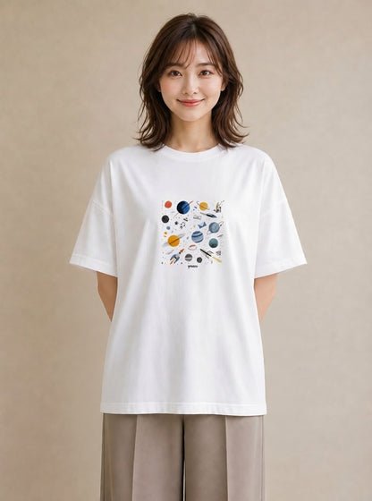 プリントTシャツ レディース 惑星 星空 宇宙 イラスト シンプル 誕生日プレゼント 綿100 白T YMAZO