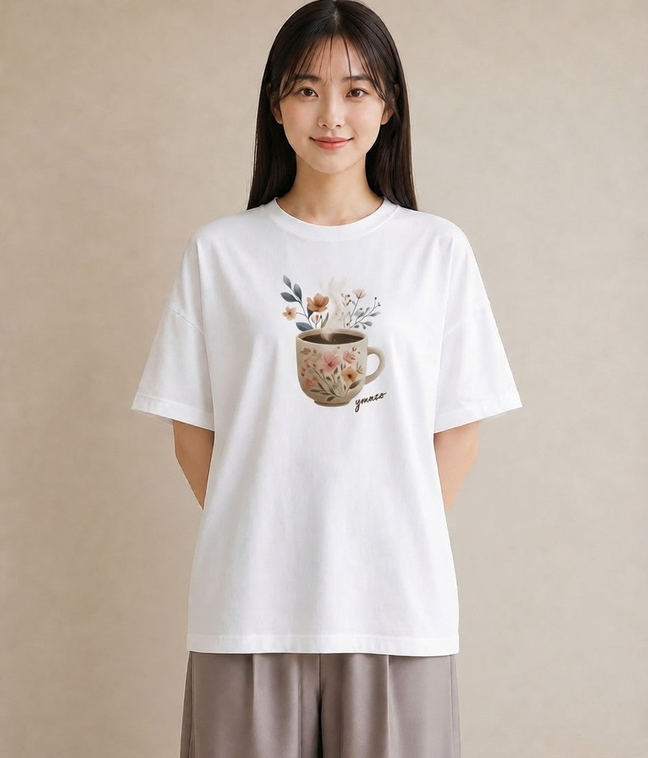 デザインTシャツ レディース コーヒー 珈琲 カフェ 食べ物 フード イラスト 海 カフェ巡り 白T YMAZO