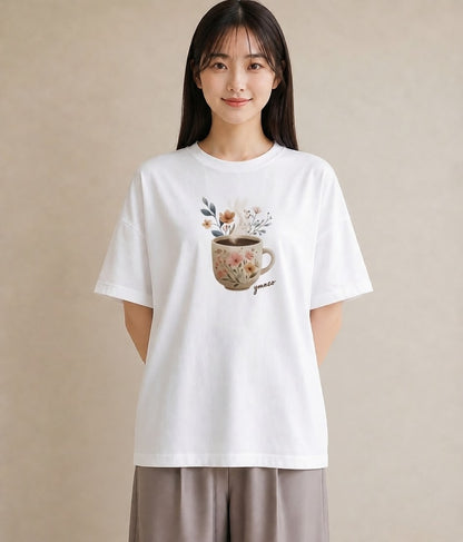 デザインTシャツ レディース コーヒー 珈琲 カフェ 食べ物 フード イラスト 海 カフェ巡り 白T YMAZO