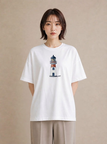 Tシャツ レディース 灯台 霧 海 ナチュラル アンティーク イラスト お洒落 カジュアルコーデ 買い物 白T YMAZO