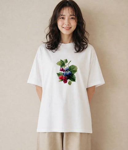 デザインTシャツ レディース ブルーベリー 食べ物 フード イラスト 手描き風 お揃い 親子 白T YMAZO