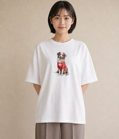 デザインTシャツ レディース ボーダーコリー 犬 いぬ イラスト アート風 カフェ服 クリスマス 白T YMAZO