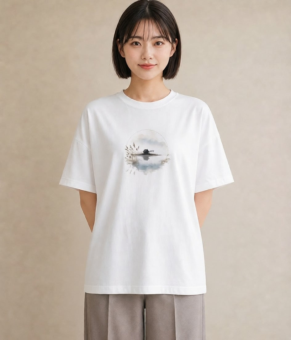 半袖Tシャツ レディース 青の水彩 風景 ブルー ナチュラル アンティーク イラスト ポップ クリスマス 旅行 白T YMAZO