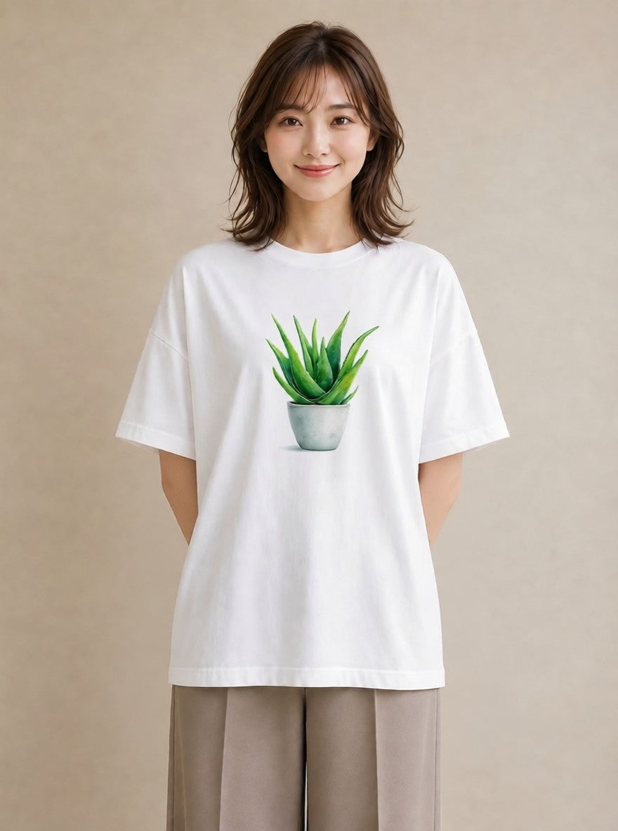 プリントTシャツ レディース サボテン 植物 ボタニカル イラスト カフェコーデ 夏コーデ 通学 白T YMAZO