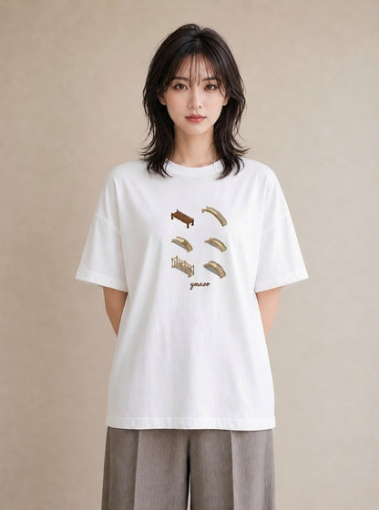 デザインTシャツ レディース 小川 橋 せせらぎ ナチュラル アンティーク イラスト 北欧風 海 カフェ巡り 白T YMAZO