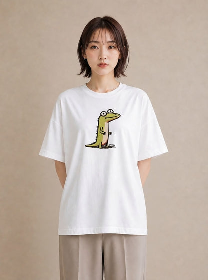 デザインTシャツ レディース ヤモリ ペット 動物 イラスト ヴィンテージ風 海 カフェ巡り 白T YMAZO