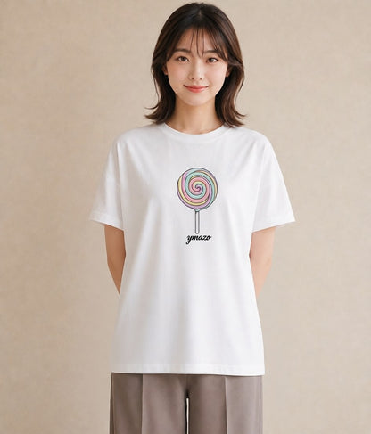 プリントTシャツ レディース キャンディ 食べ物 フード イラスト 北欧風 散歩 お出かけ 白T YMAZO