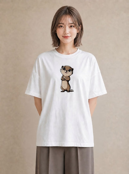 グラフィックTシャツ レディース コツメカワウソ 動物 アニマル イラスト ガーリー ラフ レイヤード 白T YMAZO