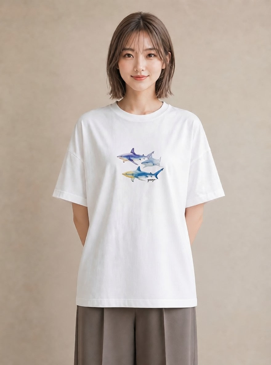 Tシャツ レディース ジンベエザメ 海の生き物 海 イラスト ユニーク 公園 ママ 白T YMAZO