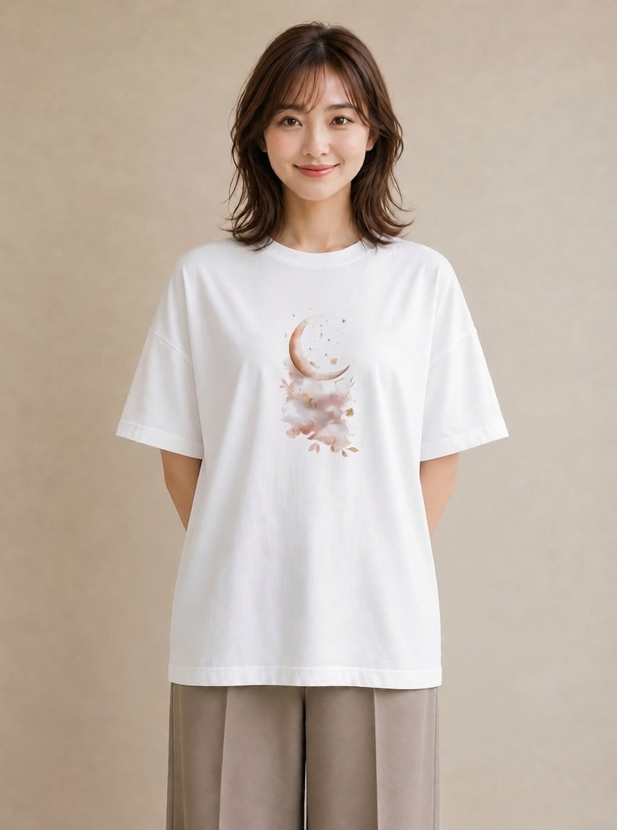 半袖Tシャツ レディース 星空 宇宙 イラスト カフェコーデ ラフ レイヤード 白T YMAZO