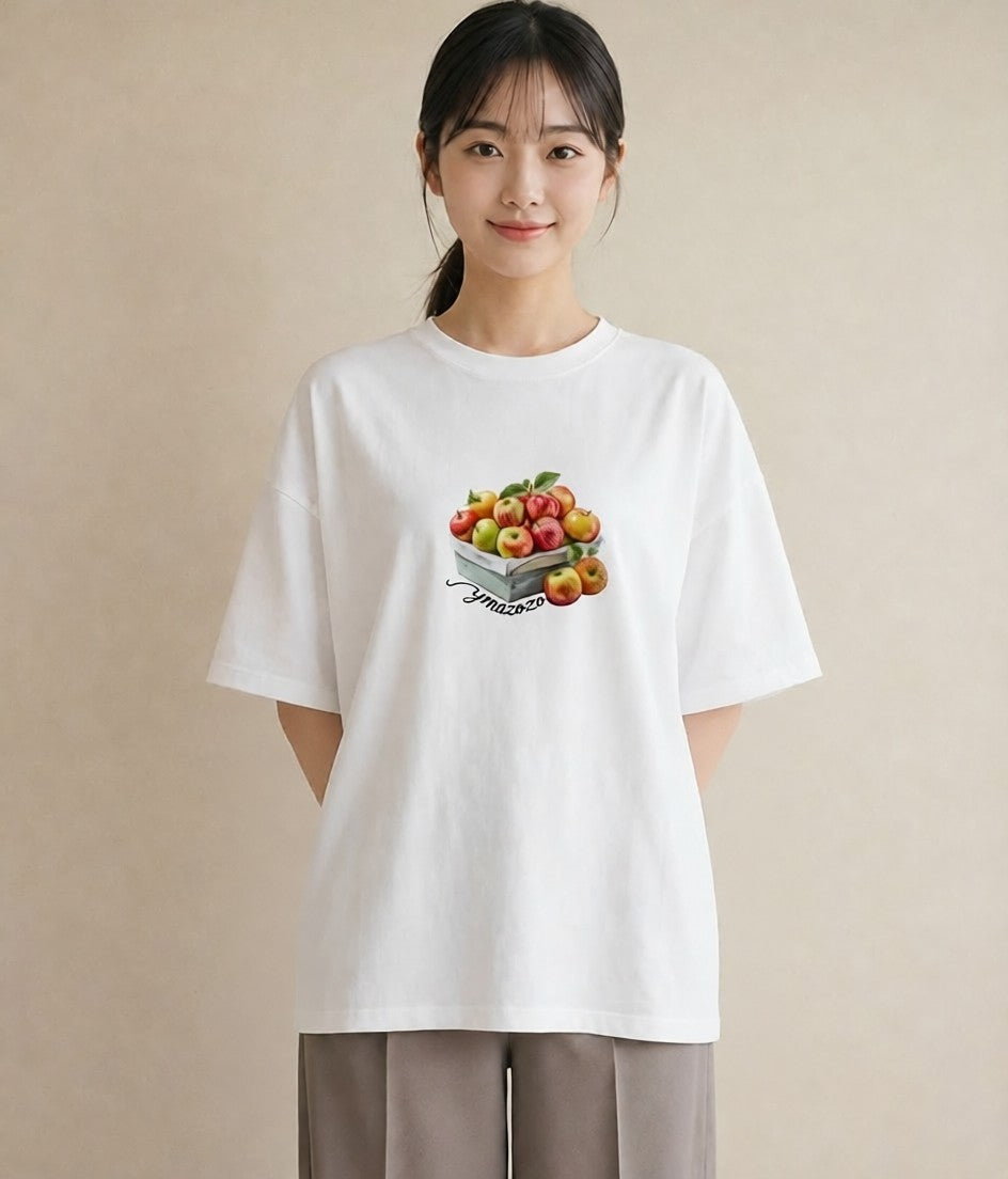 半袖Tシャツ レディース りんご 林檎 アップル 食べ物 フード イラスト こなれ感 女性 旅行用 白T YMAZO