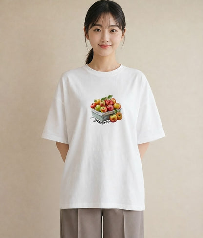 半袖Tシャツ レディース りんご 林檎 アップル 食べ物 フード イラスト こなれ感 女性 旅行用 白T YMAZO