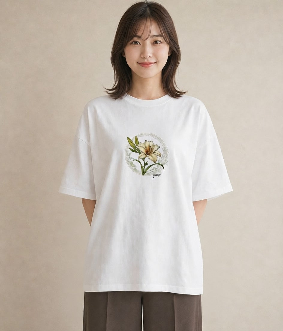 プリントTシャツ レディース ゆり 百合 花 花柄 イラスト 韓国風 女性向けギフト 散歩 白T YMAZO
