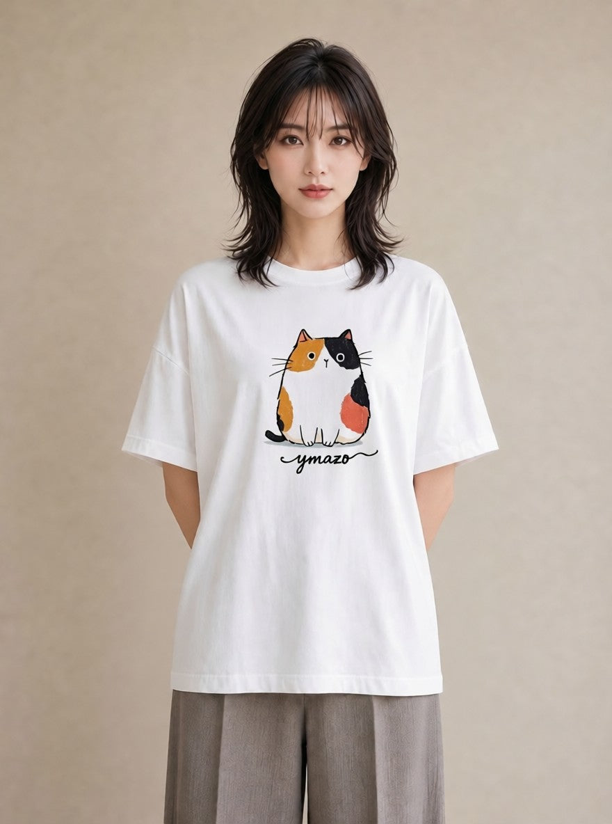 半袖Tシャツ レディース ニャンコ 猫 ねこ イラスト フェミニン 秋コーデ おしゃれギフト 白T YMAZO