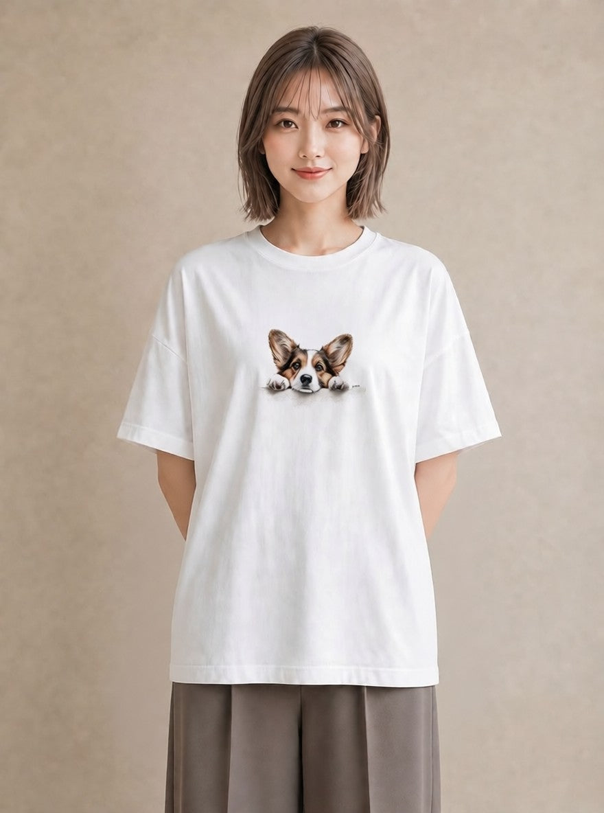 デザインTシャツ レディース ウェルシュコーギー コーギー 犬 いぬ イラスト ゆるコーデ おしゃれギフト 社会人 白T YMAZO