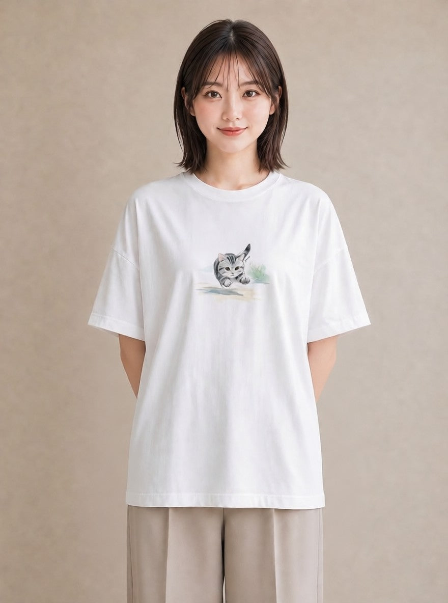 Tシャツ レディース 子猫 猫 ねこ イラスト 抜け感 散歩 お出かけ 白T YMAZO