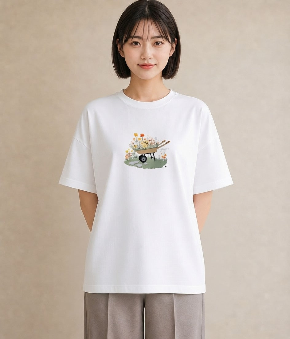 Tシャツ レディース 自転車のかご 自転車 花かご ナチュラル アンティーク イラスト 休日コーデ 綿100 デート 白T YMAZO