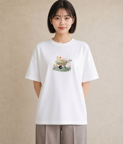 Tシャツ レディース 自転車のかご 自転車 花かご ナチュラル アンティーク イラスト 休日コーデ 綿100 デート 白T YMAZO