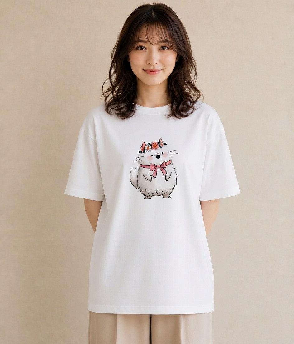 デザインTシャツ レディース 白猫 猫 ねこ イラスト レトロ カフェ巡り 女子会 白T YMAZO