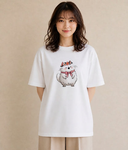デザインTシャツ レディース 白猫 猫 ねこ イラスト レトロ カフェ巡り 女子会 白T YMAZO