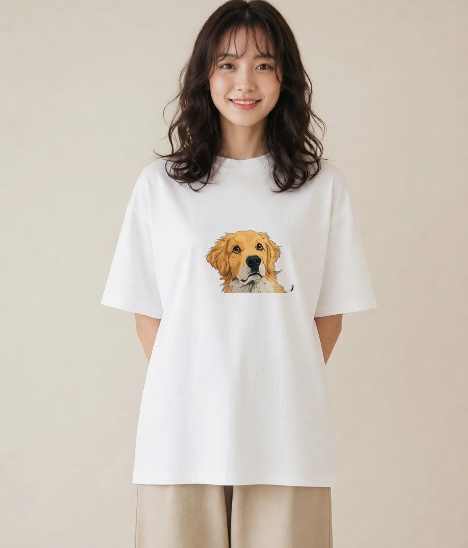 半袖Tシャツ レディース ゴールデンレトリバー ゴールデン 犬 いぬ イラスト レトロ 綿100 デート 白T YMAZO
