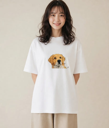 半袖Tシャツ レディース ゴールデンレトリバー ゴールデン 犬 いぬ イラスト レトロ 綿100 デート 白T YMAZO