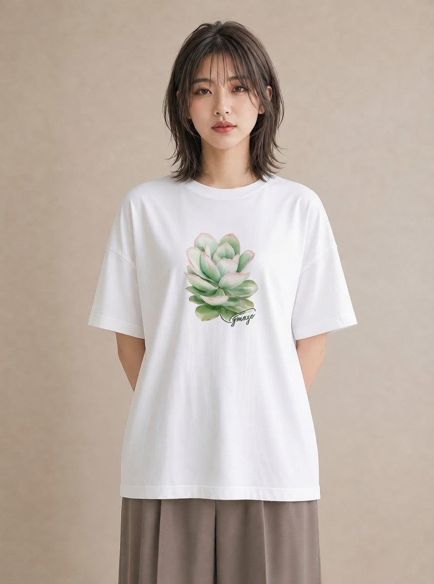 プリントTシャツ レディース 多肉植物 植物 ボタニカル イラスト 淡色 ビーチ デイリーウェア 白T YMAZO