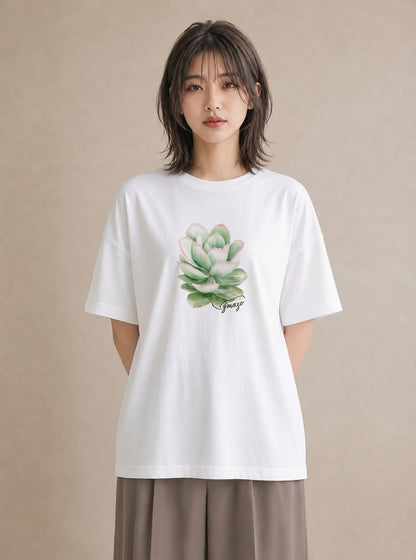 プリントTシャツ レディース 多肉植物 植物 ボタニカル イラスト 淡色 ビーチ デイリーウェア 白T YMAZO