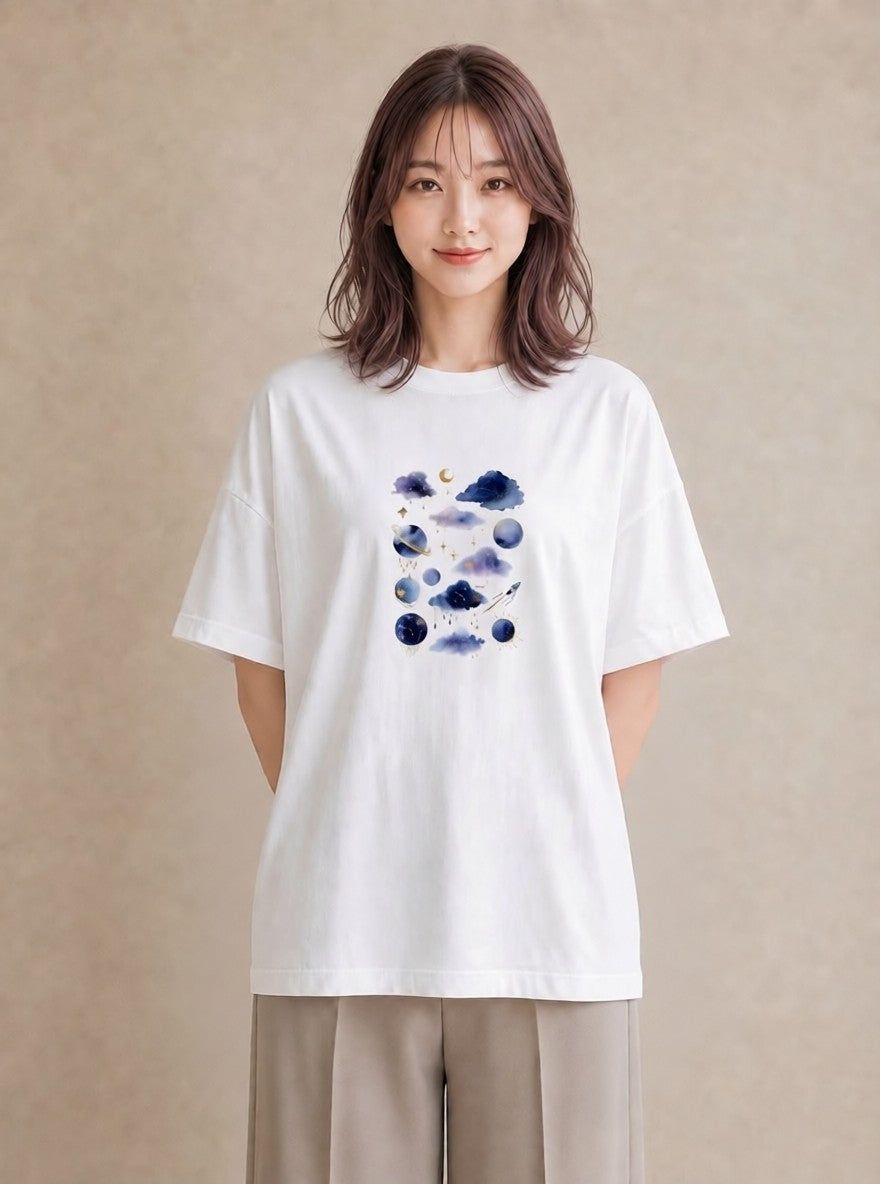 グラフィックTシャツ レディース 蟹座 星空 宇宙 イラスト カフェコーデ 旅行 母娘コーデ 白T YMAZO