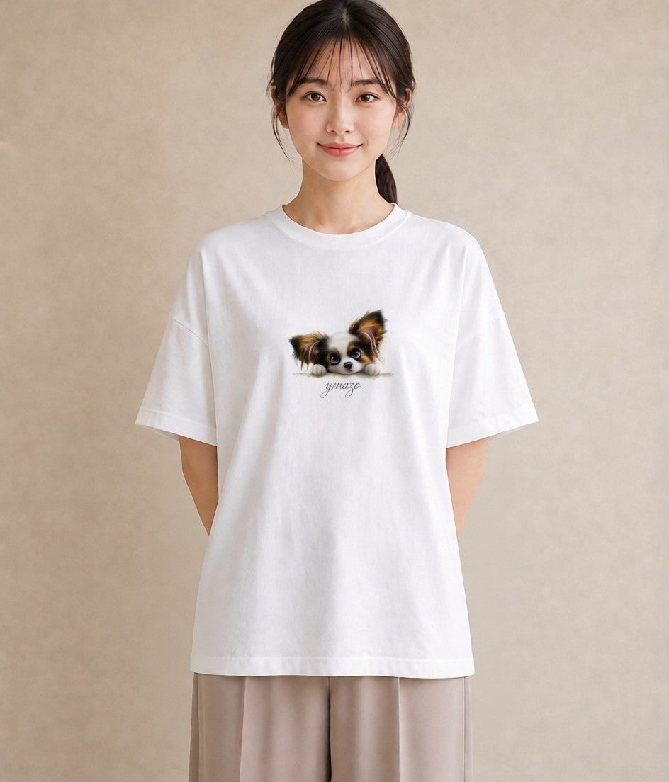 プリントTシャツ レディース パピヨン 犬 いぬ イラスト アート風 夏コーデ 通学 白T YMAZO