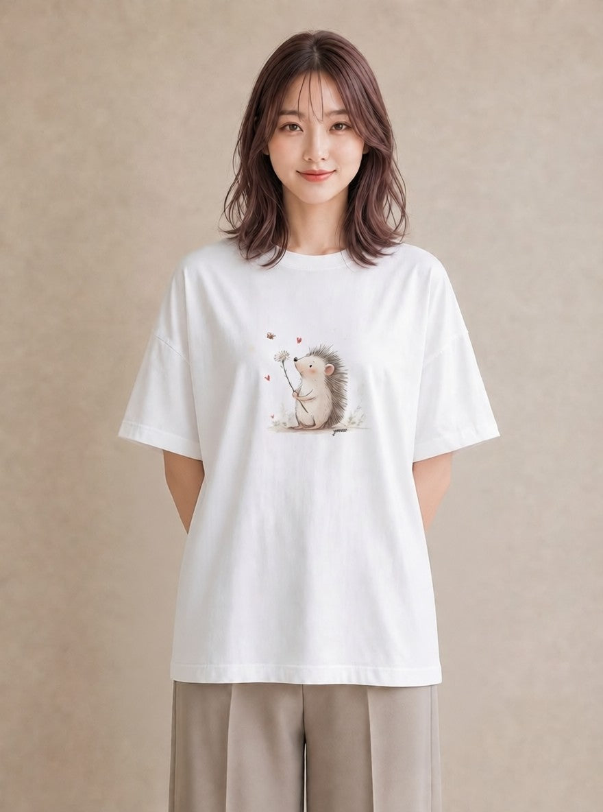 グラフィックTシャツ レディース ハリネズミ ペット 動物 イラスト アート風 レイヤード 友達ギフト 白T YMAZO