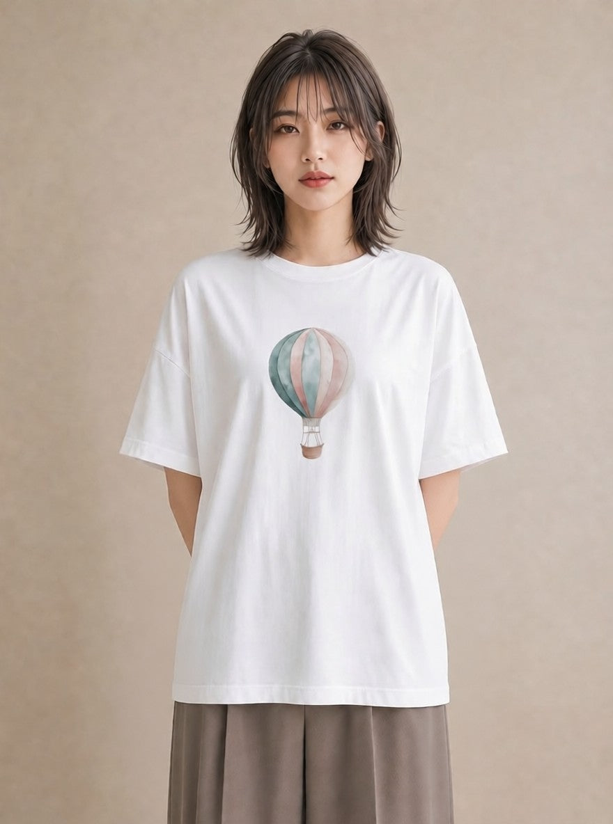 Tシャツ レディース 気球 星空 宇宙 イラスト ミニマル カフェ服 クリスマス 白T YMAZO