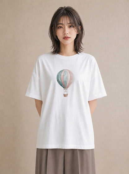 Tシャツ レディース 気球 星空 宇宙 イラスト ミニマル カフェ服 クリスマス 白T YMAZO