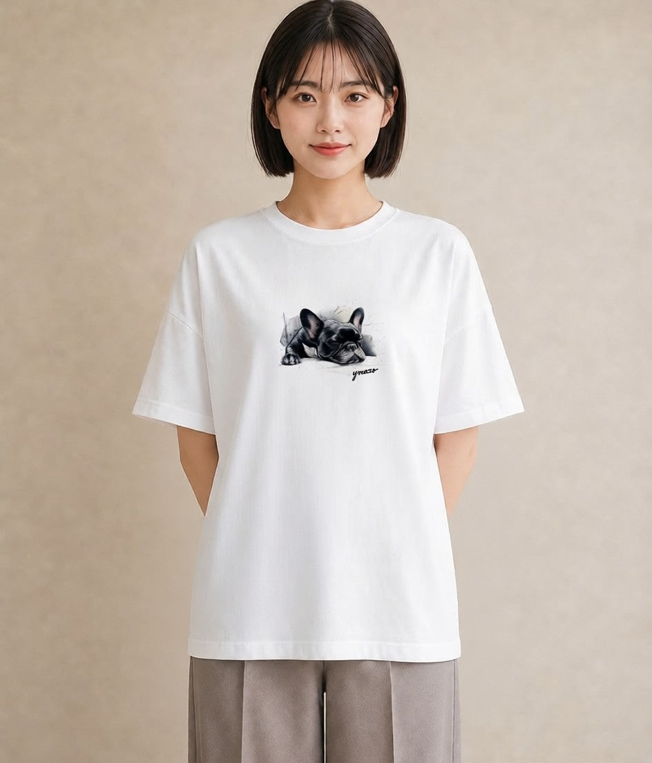 グラフィックTシャツ レディース フレンチブルドッグ フレブル 犬 いぬ イラスト 個性的 誕生日プレゼント 綿100 白T YMAZO