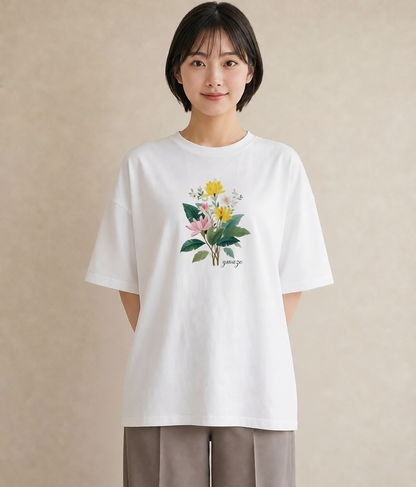 デザインTシャツ レディース 蓮 花 花柄 イラスト レトロ 部屋着 女性向けギフト 白T