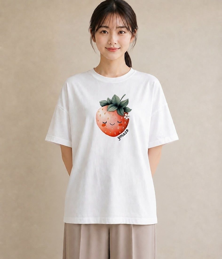 グラフィックTシャツ レディース いちご 苺 ストロベリー 食べ物 フード イラスト 淡色 レイヤード 友達ギフト 白T YMAZO