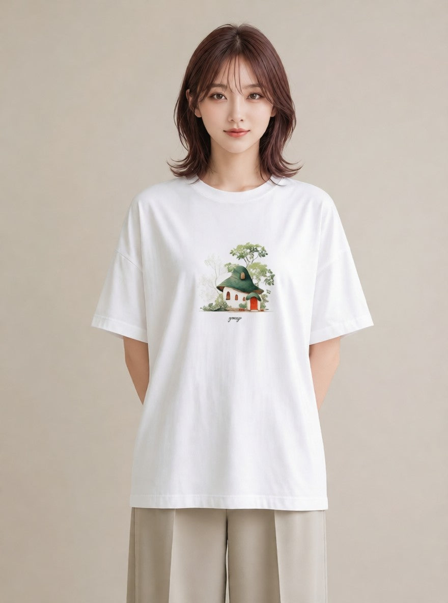 半袖Tシャツ レディース 遠い家と鳥 風景 鳥 ナチュラル アンティーク イラスト カフェコーデ 部屋着 女性向けギフト 白T YMAZO