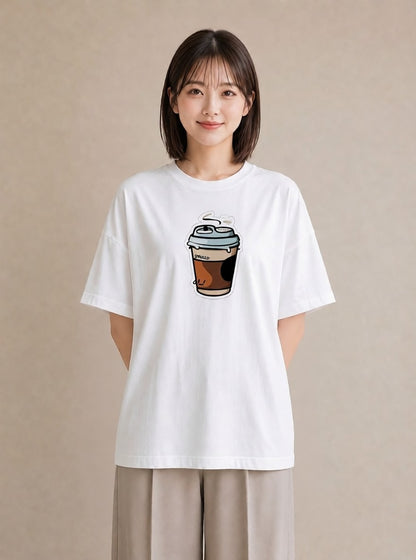 Tシャツ レディース コーヒー 珈琲 カフェ 食べ物 フード イラスト 抜け感 デイリーウェア 休日 白T YMAZO