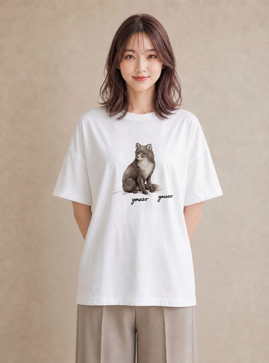 プリントTシャツ レディース きつね 動物 アニマル イラスト ナチュラル 送別ギフト 通勤 白T YMAZO