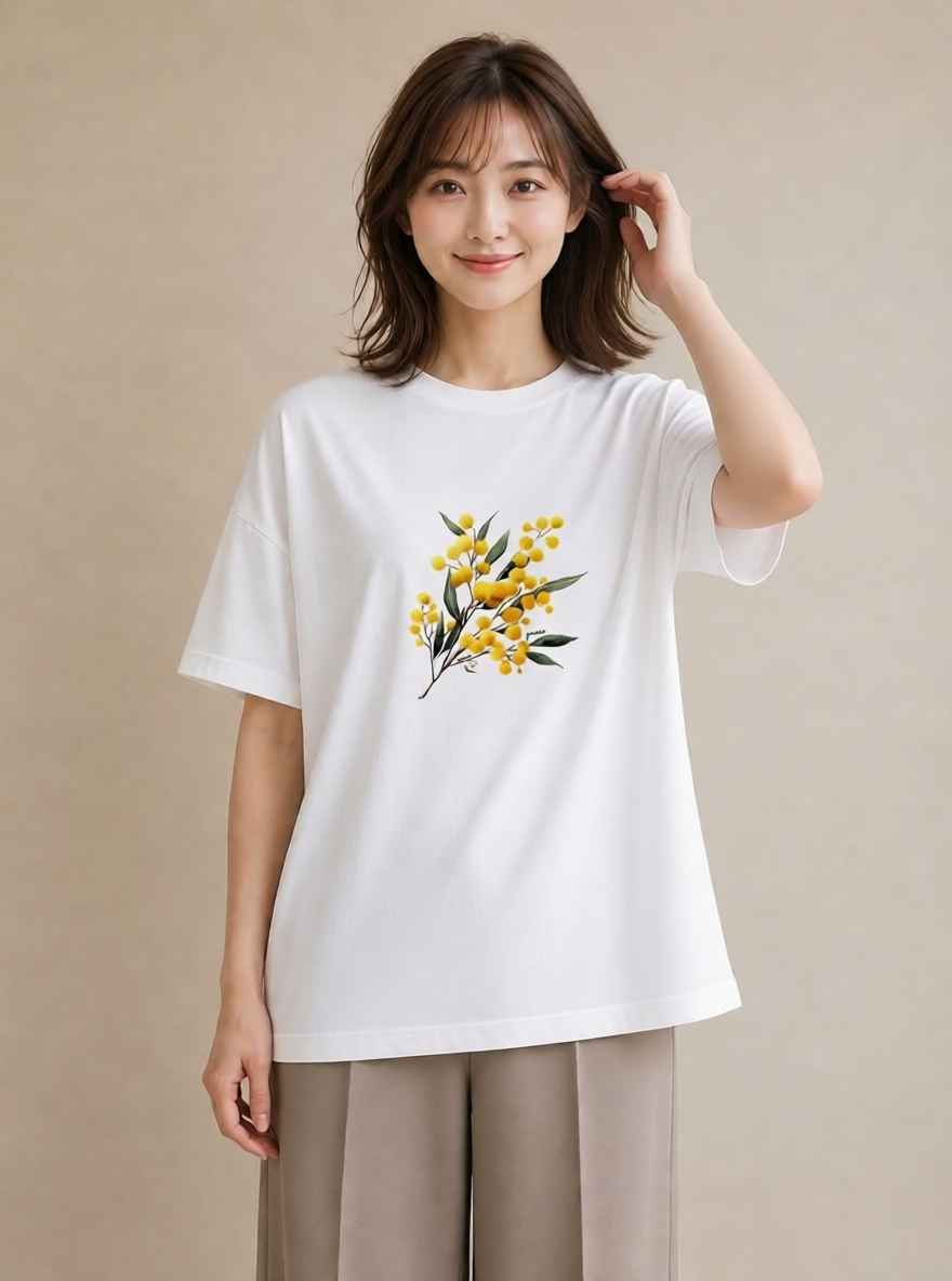 半袖Tシャツ レディース ミモザ 花 花柄 イラスト レトロ 誕生日プレゼント 綿100 白T YMAZO