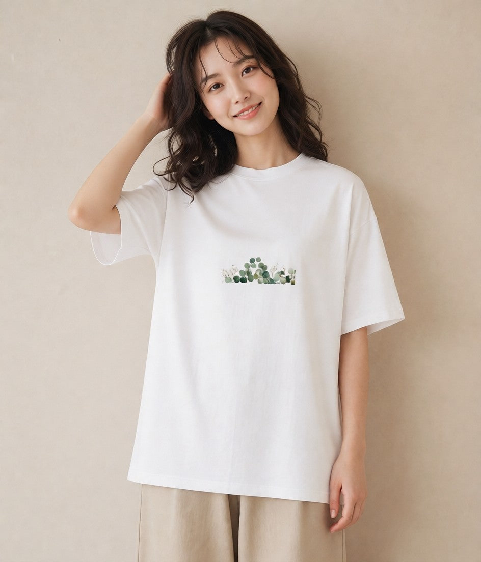 デザインTシャツ レディース ユーカリ 植物 ボタニカル イラスト 韓国風 ママ カフェ服 白T YMAZO