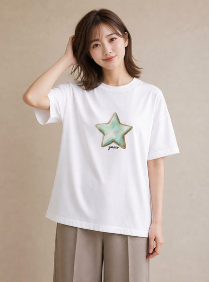 デザインTシャツ レディース 流れ星 星空 宇宙 イラスト 北欧風 社会人 女性 白T YMAZO